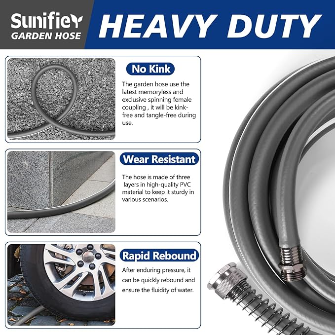 5/8’’ Heavy Duty Garden Hose 100 ft – Outdoor Hybird Water Hose with Solid Fitting - Flexible, Kinkless, Lightweight Garden Hose for Lawn Watering, Car Washing - Burst 500 Psi (Grey,100 ft)