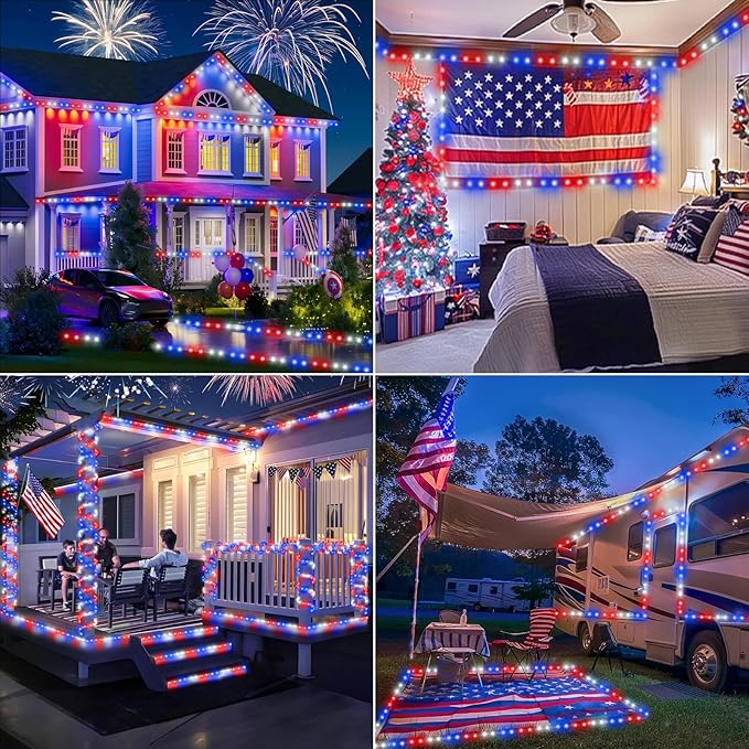 100ft LED Rope Lights Outdoor, 720 LED Connectable & Flexible Tube Lights with 8 Modes, Waterproof LED Rope Lighting for Independence Flag Day, Memorial Day, Outdoor,Indoor Decor (Red & White & Blue)