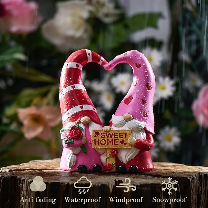 TERESA'S COLLECTIONS Garden Gnomes Outdoor Decor, Resin Heart-Shaped Pink Cute Gnome Couple Valentine Decorations for Home, Garden Decor Love Valentine Gifts for Women, 6.3"