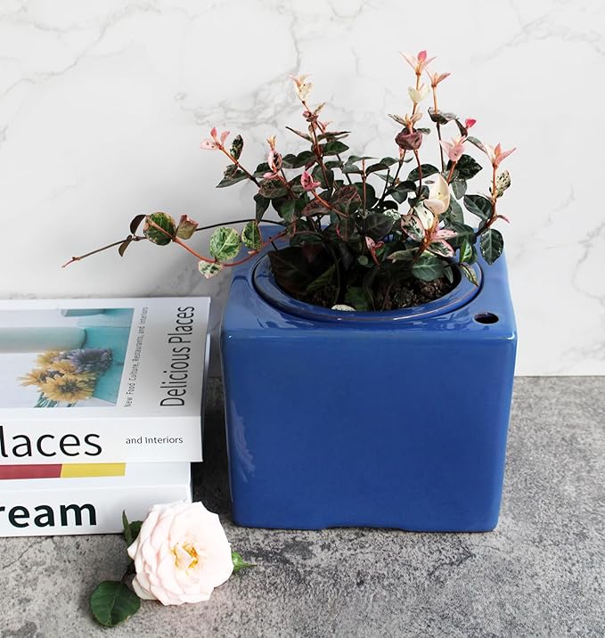 Ceramic African Violet Self Watering Pot 6 Inch Square Pot 3.5 Inch Innter Pot Easy Fill Water Reservoir Blue