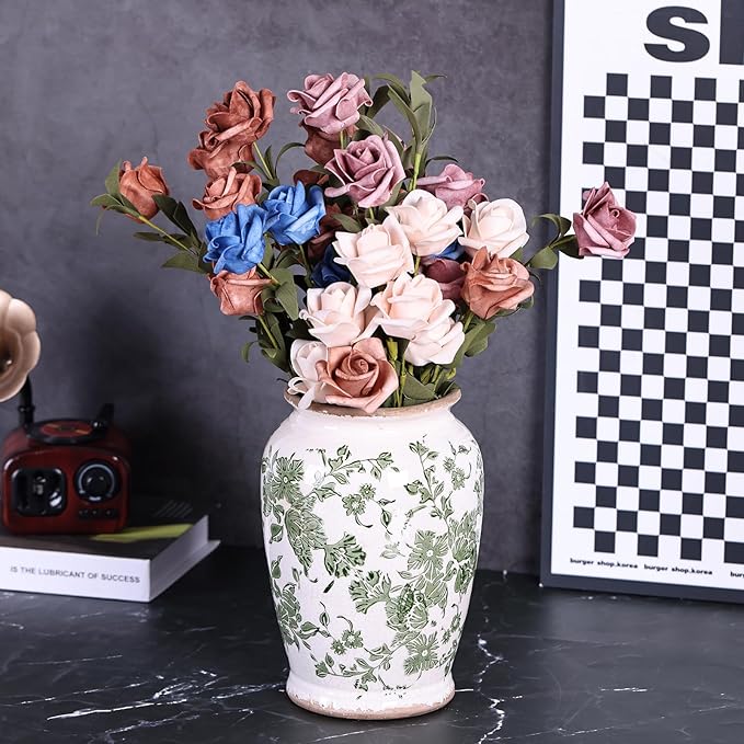 Vintage Vase for Flowers,Green Chinoiserie Ceramic Vase,Rustic Farmhouse Cracked Vases,for Flower Arrangement,Living Room, Office, Shelf, Fireplace Tables,Centerpieces,Chinoiserie Pottery Decor(B)