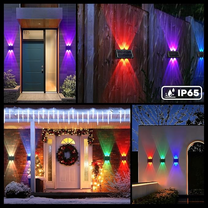 4LED Multi-Color Solar Wall Lights, Up and Down Lighting Solar Outdoor Light Waterproof IP65, Solar Fence Light for Yard Garden Garage Walkway Porch Christmas Decorations (4 Pack)