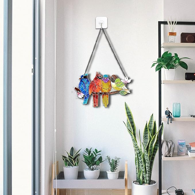 Stained Glass Window Hanging - Birds on A Branch Suncatcher for Window Doors Home Decoration, Valentine's Day Mother's Day Birthday Bird Lover Gifts for Women, Men, and Mom Grandma