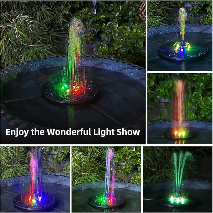 ALUKIKI Solar Powered Fountain 4W Bird Bath Fountains Pump Upgraded Glass Panel Fountains with Color LED Lights 7 Nozzles & 4 Fixers for Garden Small Pond Outdoor Swimming Pool Fish Tank