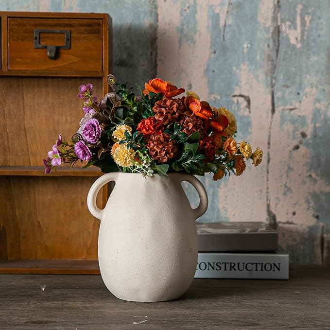 Off-White Ceramic Vase with 2 Handles, Sandstone Texture for Modern Farmhouse Decor, Rustic Pottery, Decorative Flower Vase, Clay Small Vase, Centerpiece for Dining Table - 7 Inch Tall