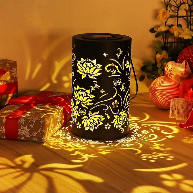 Solar Lanterns Outdoor Hanging Waterproof Metal Lotus Pattern Lanterns for Garden Patio Yard Lawn Front Porch Decor as Birthday Gifts for Mom Grandma Women
