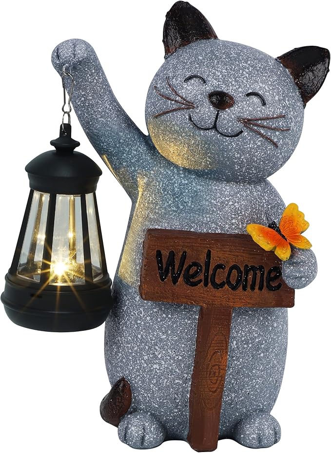 Juegoal Garden Statue Solar Cat Figurine with Lantern, 10" Resin Kitten Outdoor Lawn Porch Yard Art, Lighted Christmas Birthday Gifts for Mom Grandma
