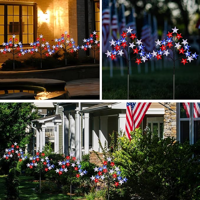 Solar 4th of July Stake Lights, Red White and Blue Lights Outdoor Decorations, Led Patriotic Lights Battery Operated for Memorial Day, July 4th, Veterans Day Outside Decor (4 in 1)