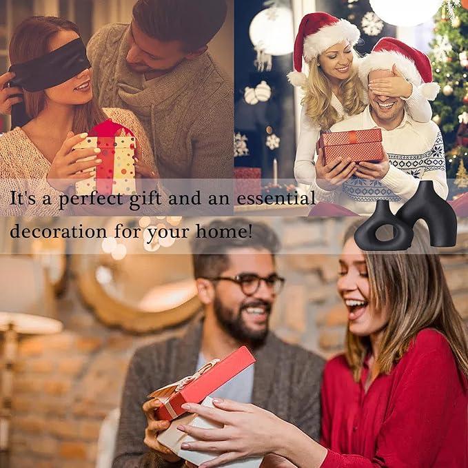 CEMABT Black Ceramic Vase Set of 2 for Modern Minimalist Bohemian Decor,Round Matte Donut Vases for Pampas Grass-Perfect for Living Room, Dining Table, Office Bedroom Shelf Decor Entryway, Console