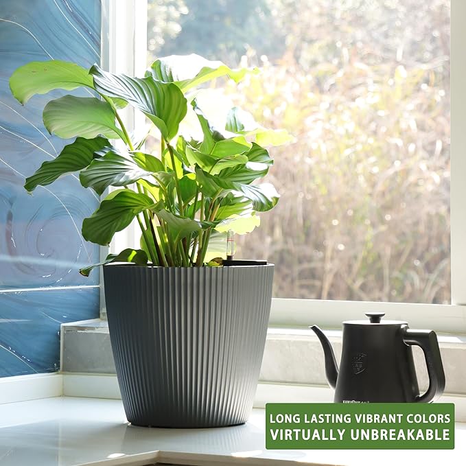 Dexceder 11x10 Self Watering Planters Indoor, Inner Mat Design, Table Flower Plant Pot with Water Level Indicator (2 Pack, Gray)