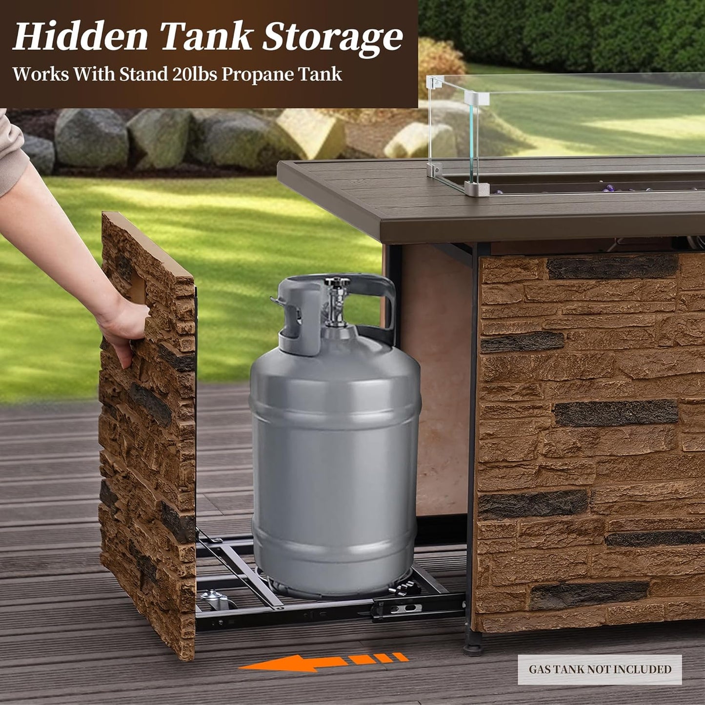 43” Propane Fire Pit Table Outdoor Rectangular Stone Firepit Table 50,000 Btu Propane Fire Tables for Outside Patio with Glass Wind Guard, Lid, Fire Glass Beads,Brown Rock Look