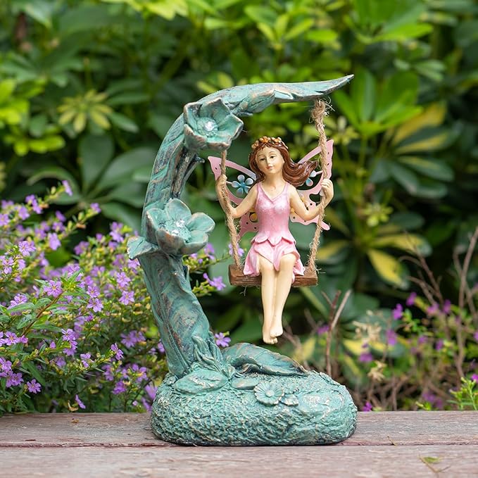 Garden Flower Fairy Outdoor Statue, Patio Lawn Yard Porch Decor, Funny Swing Ornaments, 9.05 Inches Tall