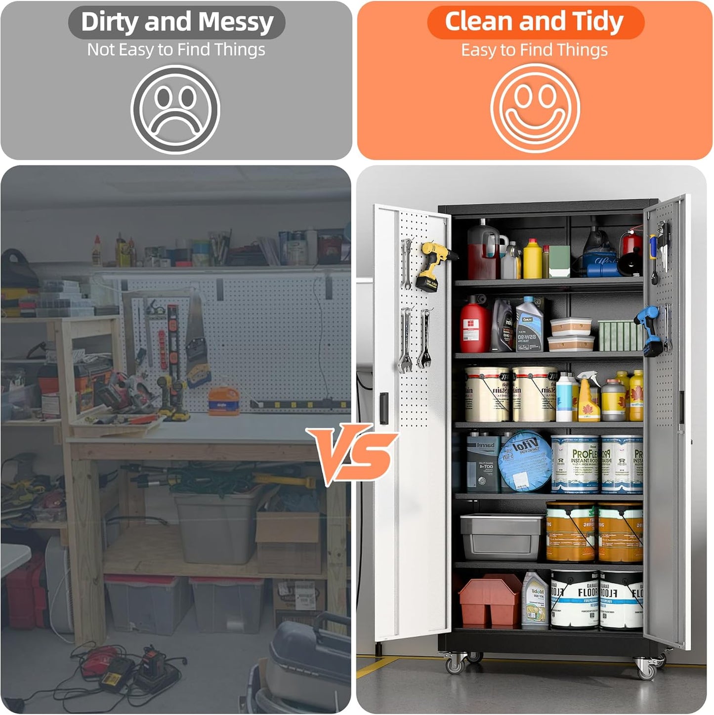 Aobabo Garage Metal Storage Cabinet with Wheels, 71" H×34" W×18" D Locking Steel Storage Cabinet with 5 Shelves and 4 Hooks, for Home Office, School, Assembly Required, Black Silver