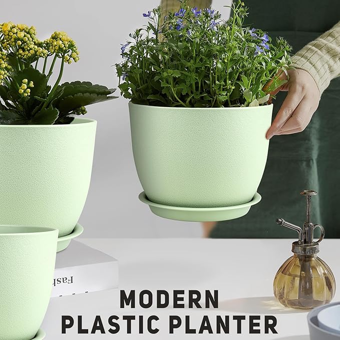 Plant Pots 10/9/8/7.5/7 inch Flower Pots with Multi Mesh Drainage Holes, Planters for Indoor Outdoor Garden Plants and Flowers. (Green)