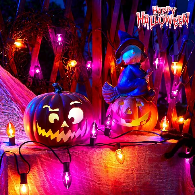 C9 Halloween Lights, Orange and Purple Halloween String Lights, Waterproof Halloween Lights for Outdoor Indoor Xmas Roofline Decor, Black Wire, 25 Feet