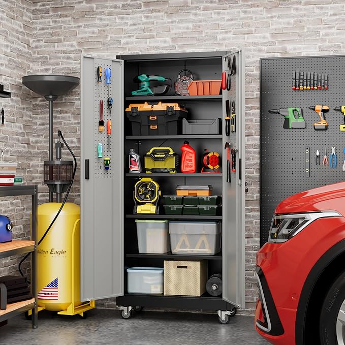 71" H×32" W×16" D Garage Storage Cabinet with Wheels & Pegboard, Locking Metal Storage Cabinet with Doors and 5 Adjustable Shelves & & 4 Hooks for Garage Warehouse Home Office, Black and Gray