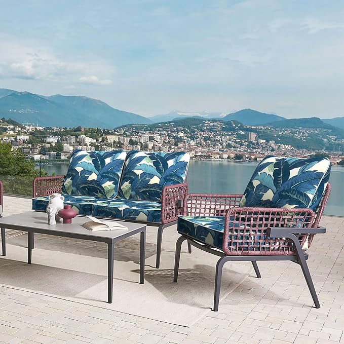 LVTXIII Outdoor Deep Seat Cushion 24"x24"x4" Patio Seat and Back Cushion Set Seasonal Chair Cushion for Dining Arm Chairs, Wicker Chairs and Garden Furniture Decoration, Swaying Palms Blue