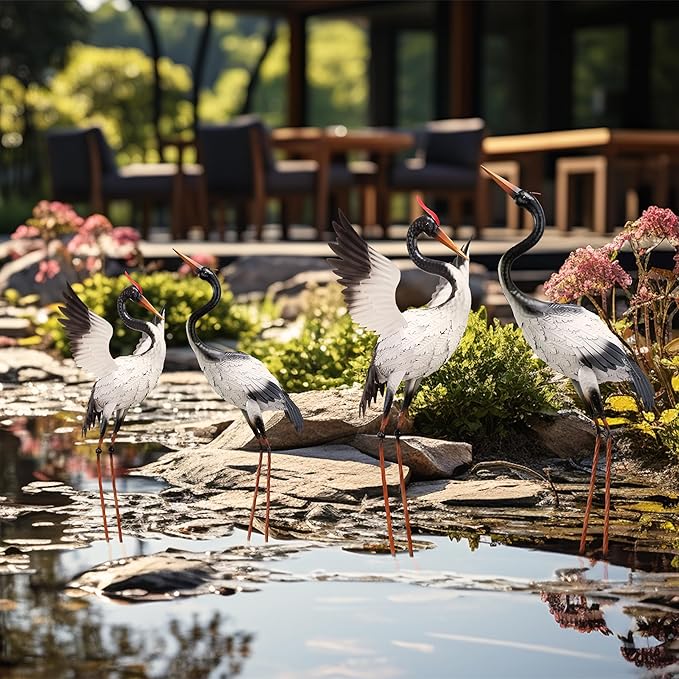 TERESA'S COLLECTIONS Yard Decorations Outdoor Garden Statues, White Metal Crane Yard Art, 33-39inch Lawn Ornaments for Backyard, Outside Porch, Patio, Wedding Decor,Set of 2,Spring Decor,Gifts for Mom