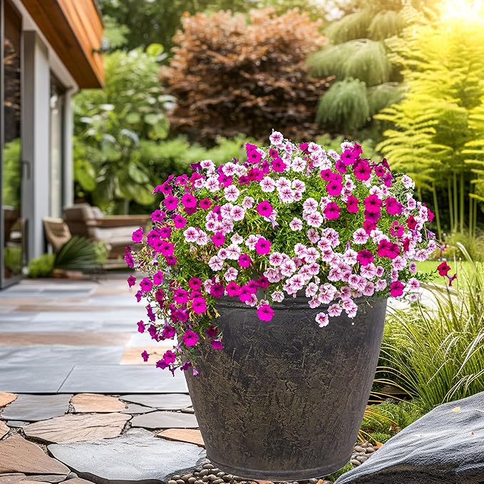 Sunnydaze 24-Inch Anjelica Large Plastic Pot for Plants - Outdoor Polyresin Round Planter with Drillable Drainage Holes - Sable