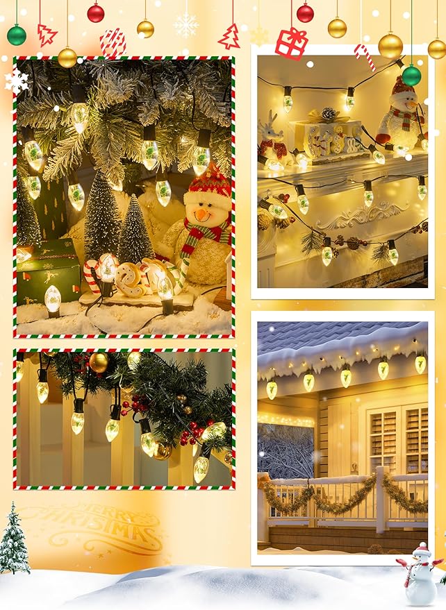 C9 LED Christmas Lights Outdoor, 25 Ft C9 String Lights with 20 Shatterproof LED Bulbs, 3 Light Mode, Connectable Waterproof Christmas Tree Lights for Outside Indoor Holiday Garden Decor, Warm White
