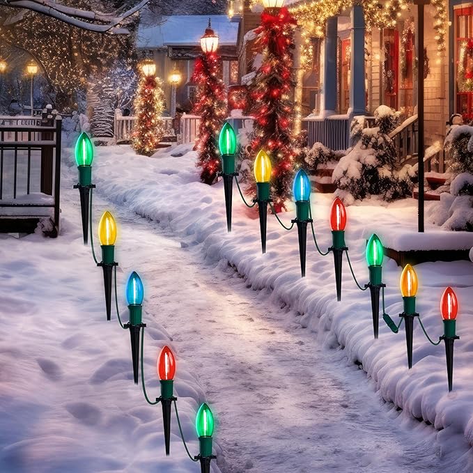 Joiedomi 30.75FT C9 Christmas Pathway Stake Lights, 24 LED Jumbo Bulbs Outdoor Walkway Green Wire Connectable Multicolor Decor for Holiday Commercial Xmas Yard Garden Lawn