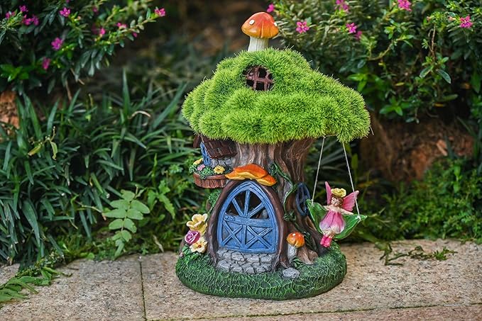 TERESA'S COLLECTIONS Fairy House Outdoor Statues with Solar Light for Garden Decor, Green Moss Resin Outdoor Cottage with Swinging Fairy, Lawn Ornaments Yard Decor Gifts for Mom Women, 8"