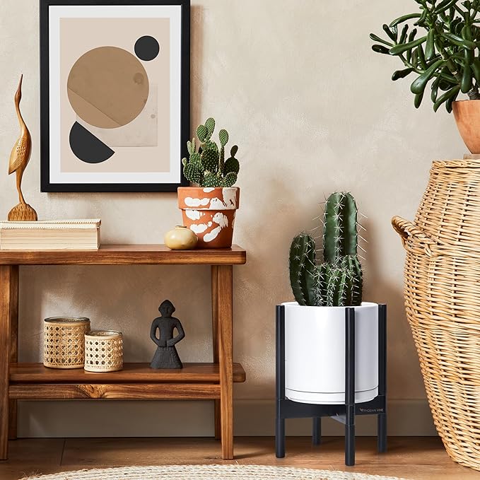 D'vine Dev Ceramic Planter with Ebony Stand - 10 Inch Modern Round Flower Pot with Wood Planter Holder, White, 55-B-L-1