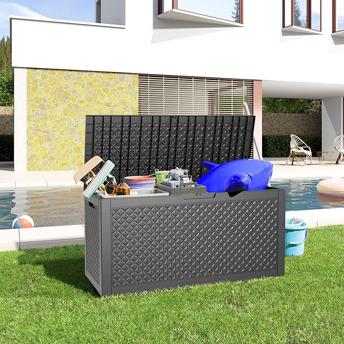 100 Gallon Waterproof Outdoor Storage Box,Resin Deck Box,Lockable Outside Storage Box Container for Patio Furniure,Garden,Pool Tools (100 Gallon,Black pattern)