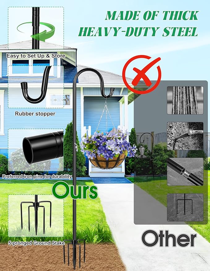 XDW-GIFTS Bird Feeder Pole for Outdoor, 2-Pack 60 Inch Shepherds Hooks Heavy Duty Garden Pole for Hanging Plant Basket, Solar Light Lanterns, Garden Plant Hanger Stands with 5 Base Prongs