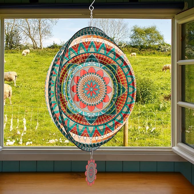 TUOKING Mandala Wind Spinners Outdoor Metal 3D Hanging Art Wind Spinner 12 Inch Stainless Steel for Yard and Garden Decoration Worth Gift for Women