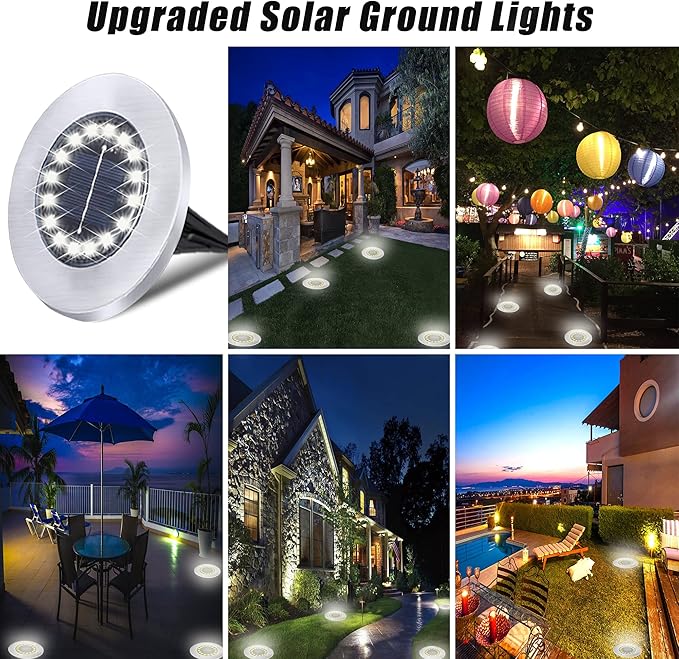 Solar Ground Lights-Waterproof Solar Lights Outdoor Garden- Solar Disk Lights-Upgraded 16LED Bright in-Ground Lights-Landscape Lights for Pathway, Yard, Lawn, Patio, Walkway (16 Pack White Light)