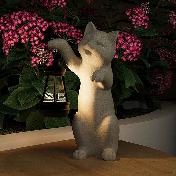 Solar Powered Garden Resin Statue Lights, 10 Inch Waterproof Outdoor Animal Cute Cat Figurine Lights, Suitable for Patios, Balconies, Lawns, Courtyards, Etc. (Hand)
