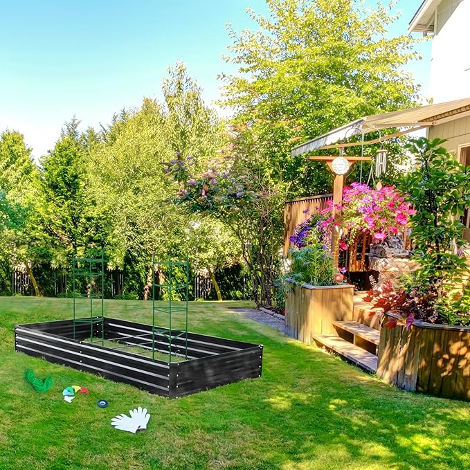 ONCEMORE Galvanized Raised Garden Bed for Vegetables Flowers Herbs, Metal Raised Garden Bed Kit with 2 PCS Tomato Cage, Gloves, Trellis Netting, Plant Labels, Plant Ties, Black 8×4×1FT