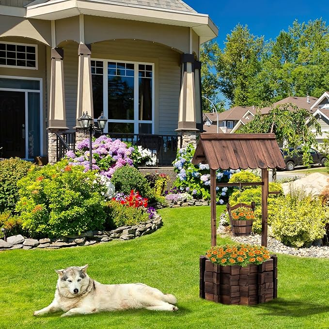 UDPATIO Rustic Solid Fir Wood Wishing Well Planter for Outdoor Plants, 16.5 in Diameter