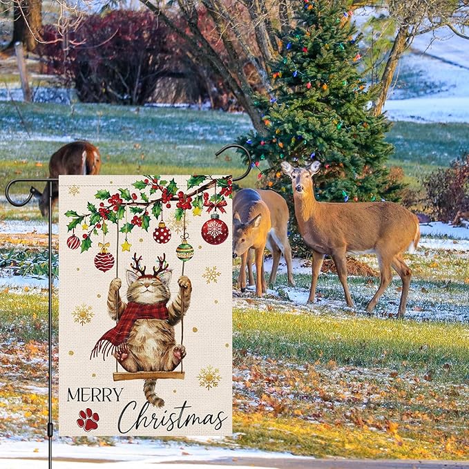 Heyfibro Merry Christmas Cute Cat Swing Garden Flag 12x18 Inch Double Sided Burlap, Retro Christmas Ball Snowflake Yard Banner for Winter Holiday Xmas Seasonal Outdoor Decoration(ONLY FLAG)