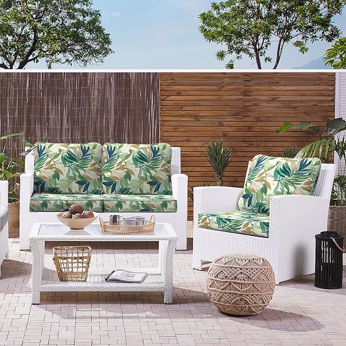 LVTXIII Outdoor Deep Seat Cushion Patio Seat and Back Cushion Set Seasonal Chair Cushion for Dining Arm Chairs, Wicker Chairs and Garden Furniture Decoration, 24"x24"x4", Lush Leaf Green