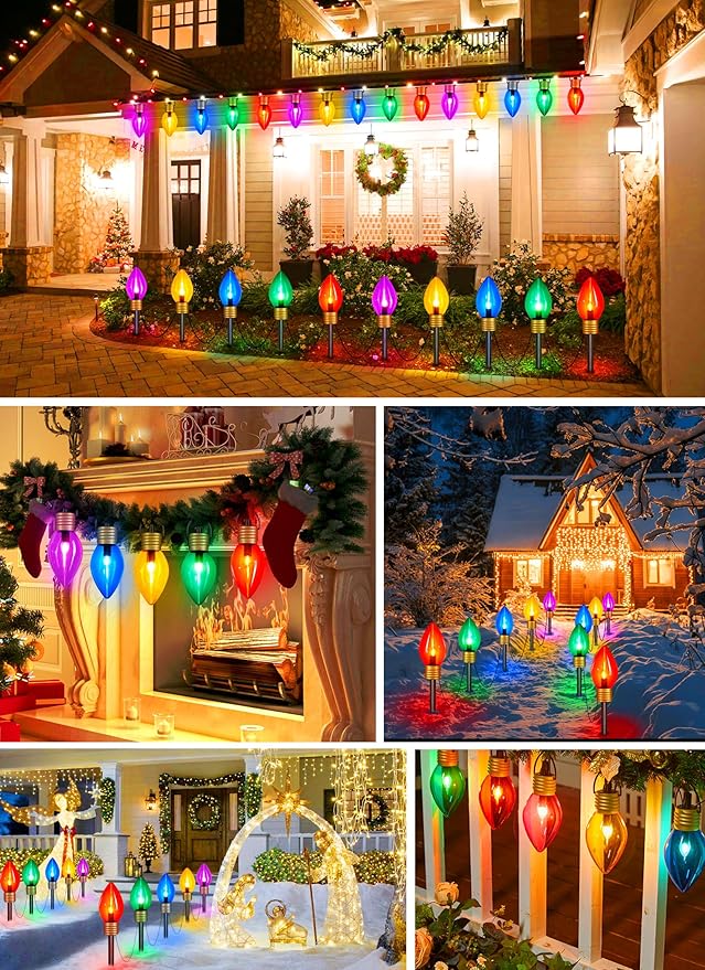 Jumbo C9 Christmas Pathway Lights Outdoor - 2 Pack Total 17 Feet 10 LED C9 Walkway Lights, Multicolor Jumbo Lights Christmas Bulb Lights Outdoor Decorations for Lawn Holiday Outside Yard Garden
