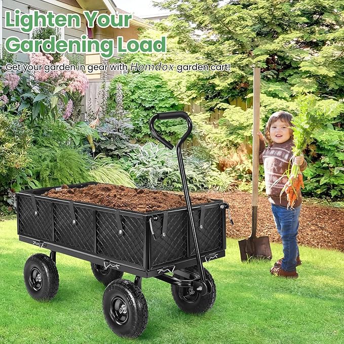 Homdox MAX 880LB Garden Cart, Heavy Duty Garden Wagon, Mesh Foldable Garden Cart, Pullable Gardens Wagon with 180ยฐ Rotating Handle, Collapsible Garden Carts for Yard Beach Farm, Black with Bag