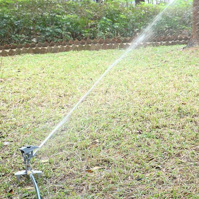 STYDDI Professional Heavy Duty Pulsating Sprinkler on Metal 3-Pronged Step Spike, Metal Pro Adjustable Circular Sprinkler for Large to Extra Large Yard, Areas, Lawn, Coverage up to 8500 Sq.FT