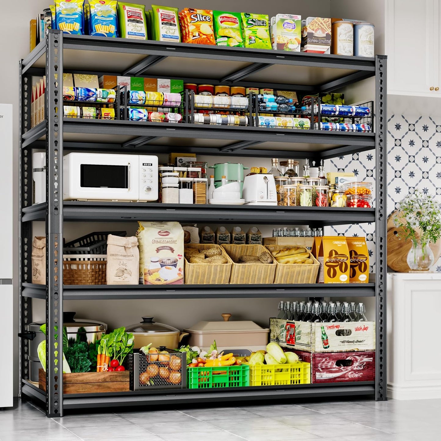 48"W Garage Shelving, 3050LBS Storage Shelves heavy duty, 5 Tier Metal Shelving Unit Adjustable Garage Shelves Heavy Duty Shelving for Warehouse,Commercial, Kitchen, 48" W × 24" D × 72" H, Black