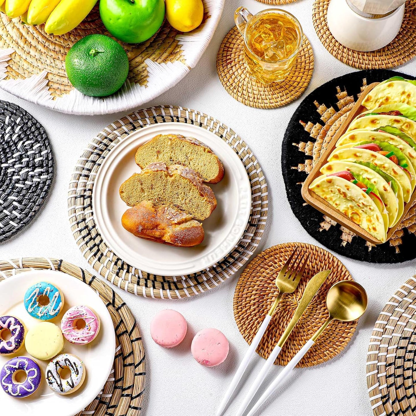 Xuhal 11 Pcs Boho Hanging Wall Basket Decor Handmade Woven Basket Wall Decorative Boho Wicker Baskets Placemats Round Farmhouse Bulrush Art for Rustic Home Decorations Christmas Gift(Stylish)