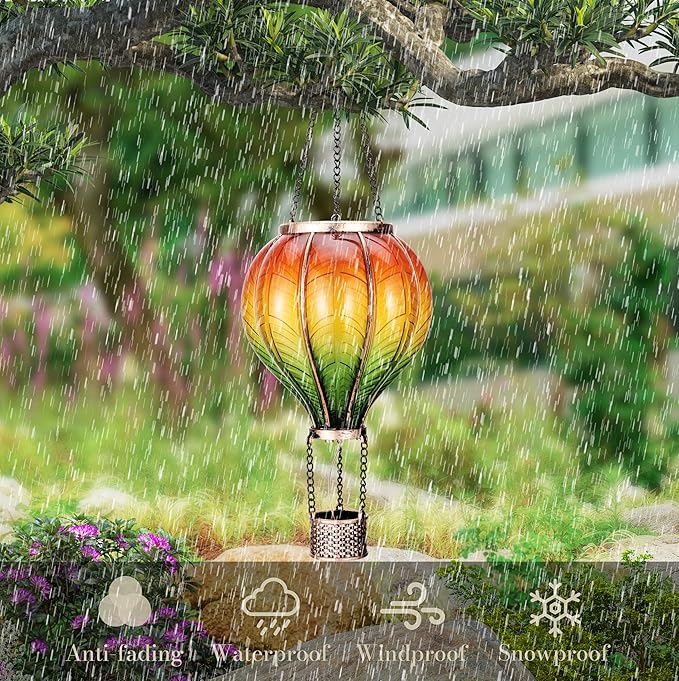 TERESA'S COLLECTIONS Hot Air Balloon Solar Lantern for Garden Decor ,Flickering Flame Hanging Solar Light for Outdoor ,Orange & Green Plastic Lamp for Yard Tree Gift for Mom