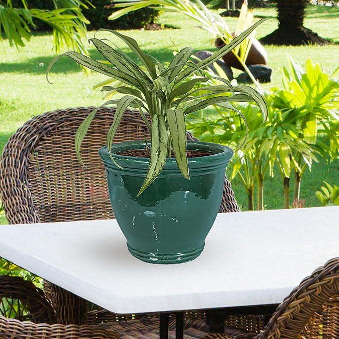 Sunnydaze Studio Large Ceramic Plant Pot - Round Outdoor Glazed Ceramic Planter Pot with Drainage - Dark Green - 15 in