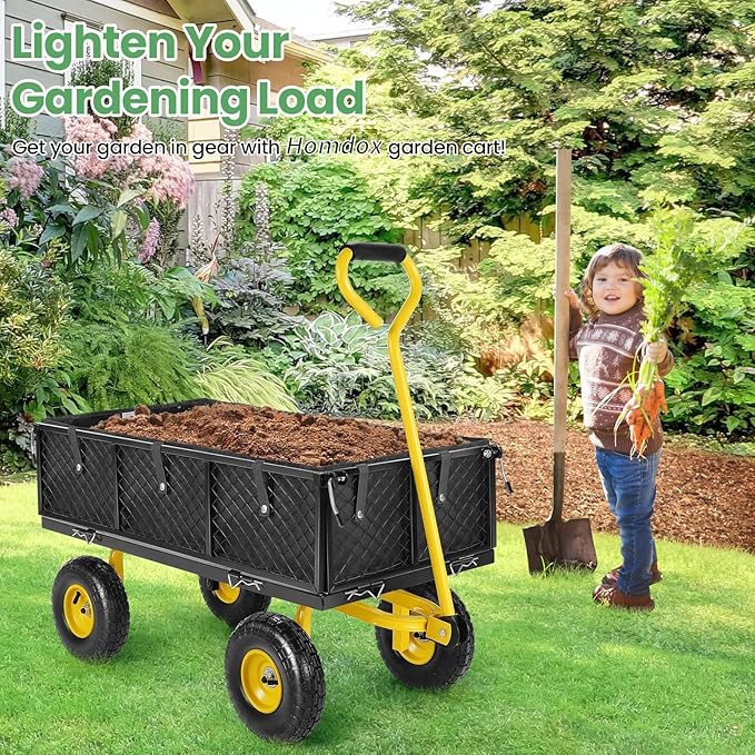Homdox MAX 880 Lbs Garden Cart, Heavy Duty Foldable Mesh Steel Garden Wagon with 180ยฐ Rotating Handle and 10 Inch Tires, Pullable Yard Cart for Yard Garden Beach Farm, Yellow with Bag