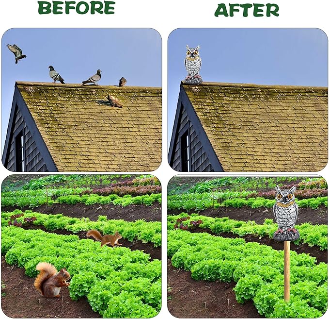 3 Pack Fake Owl Decoy to Keep Birds Away - Plastic Horned Owl Statues Bird Scarecrow Deterrents for Pigeon Hawk Squirrels Woodpecker, Halloween Decoration, Bird Scare Devices for Garden Outdoor Yard