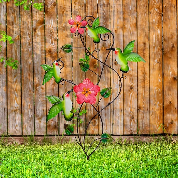 Juegoal 28 Inch Hummingbirds Garden Stake Decor, Colorful Look & Personalities Flowers Metal Wall Art Spring Decoration, Yard Outdoor Lawn Pathway Patio Ornaments
