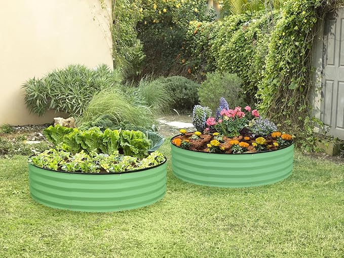 Round Galvanized Raised Garden Bed // 4×4×1 ft (2-Pack) Galvanized Raised Garden Beds Outdoor for Gardening, Vegetables, Flowers // Patented Tool-Free Design Round Planter (Light Green)