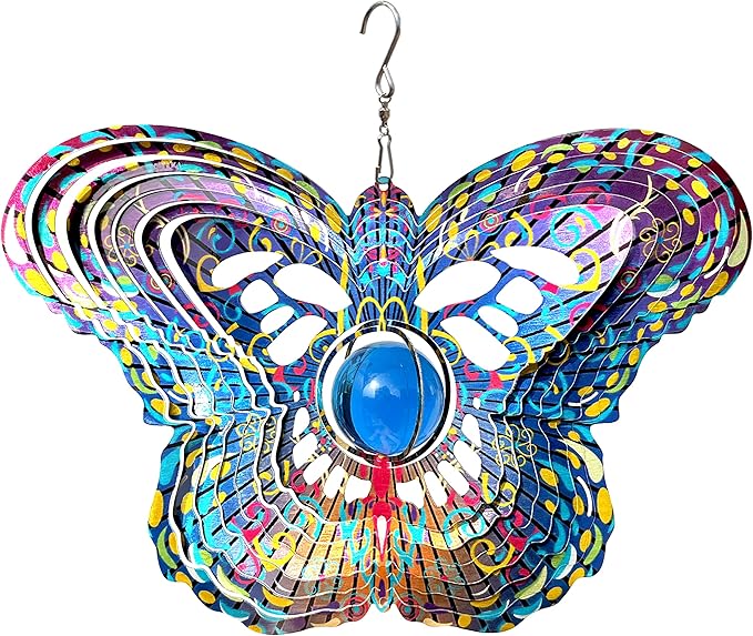 FONMY Mandala Wind Spinner w/Crystal Ball-Butterfly 3D Stainless Steel Hanging Spinners Worth Gift Christmas Decoration Indoor/Outdoor Garden Décor Kinetic Yard Art 12 Inches Wind Sculpture