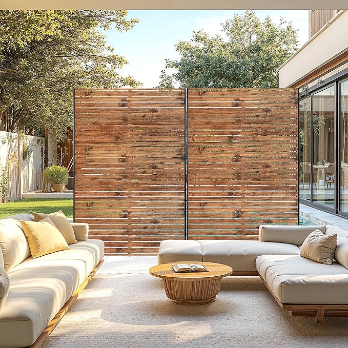 Metal Privacy Screen, 72" H×47" W Outdoor Privacy Screen, Freestanding Decorative Privacy Screen for Deck Balcony Patio, Natural Wood Brown