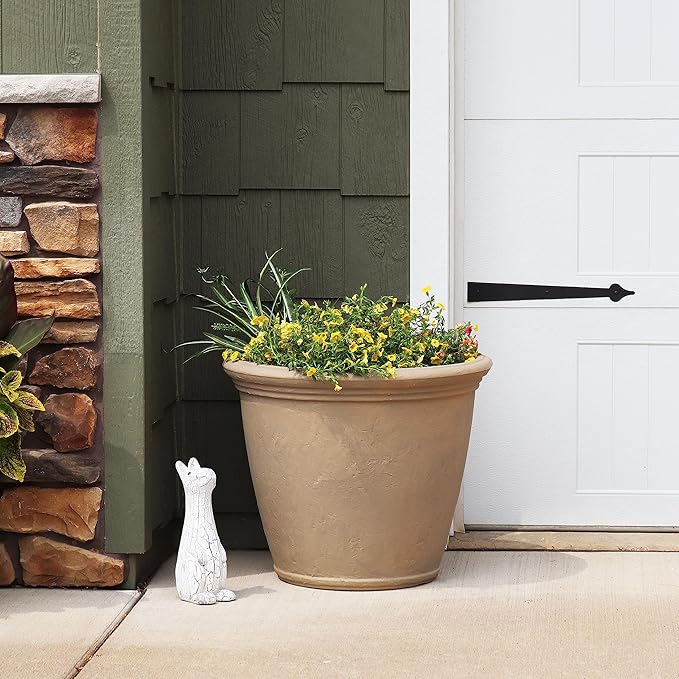 Sunnydaze 24-Inch Anjelica Large Plastic Pot for Plants - Outdoor Polyresin Round Planter with Drillable Drainage Holes - Beige